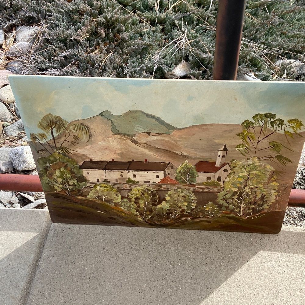Scenic Landscape Painting with Church - Brown and Green Tones